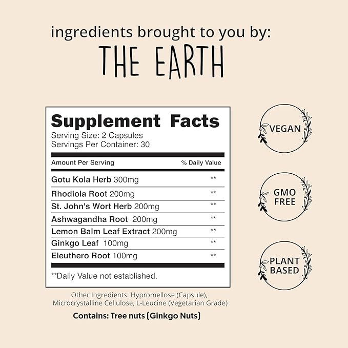 Joy-Filled Mood Support Supplement - 7 Herb Complex w/St. Johns Wort | Stress Relief – Helps Calm The Mind & Body | 100% Plant-Based Happy Pills, Ashwagandha, Rhodiola Rosea | Adaptogens, 60 Ct