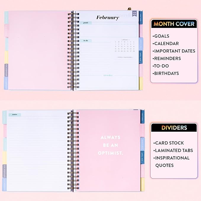 2025-2026 Eccolo Large Spiral Agenda Planner, Hardcover, Weekly & Monthly Views, 18 Tabbed Months, Inspiring Graphics and Quotes (Extra Large - 9" x 10.5")