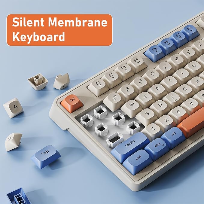 EWEADN G98 RGB Gaming Keyboard Wired, Retro Creamy Membrane Keyboards with Media Knob, Number Pad RGB Backlit, 98 Keys Quite Membrane Computer Keyboard for MAC Xbox PC Gamer -White&Blue