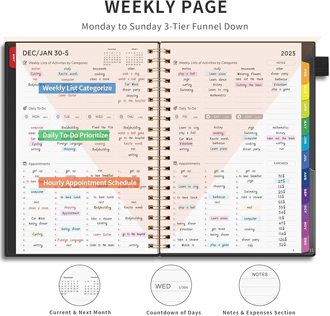 EMSHOI 2025 Planner Hourly Daily Weekly and Monthly, A4 (8.5x11), 3-Tier Appointment Book Vertical Schedule Calendar Organizer for Women Men Work Business, with Monthly Tabs, Note Pages, Black