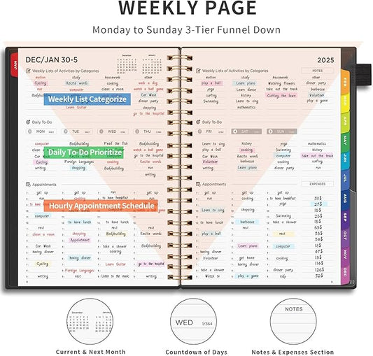 EMSHOI 2025 Planner Hourly Daily Weekly and Monthly, A4 (8.5x11), 3-Tier Appointment Book Vertical Schedule Calendar Organizer for Women Men Work Business, with Monthly Tabs, Note Pages, Black