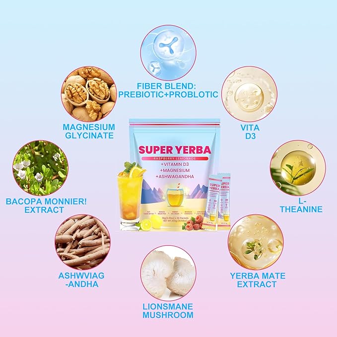 Anwezen Super Yerba Mate Instant Powder Packets - Raspberry Lemonade Flavor | Mental Clarity，Brain Fog Buster& Digestive Support with Antioxidants - 30 Servings