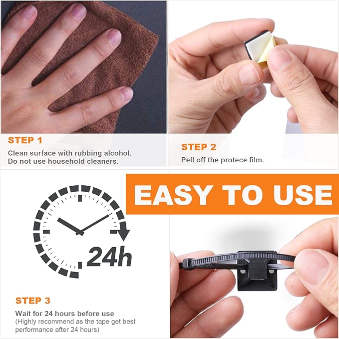 100 Pack 1.1 inch Zip Tie Adhesive Mounts Self Adhesive Cable Tie Base Holders with Multi-Purpose Tie wire clips with screw hole,Anchor stick on wire holder with 8 inch zip ties（Black）