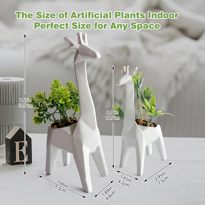 2PCS Cute Artificial Mini Succulent Plants with Creative Giraffe Shaped Pots, Desk Plant for Office Decor for Women,Small Fake Plants for Shelf Desk,Bathroom,Tabletop Decor (White)
