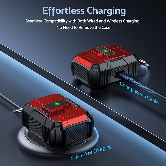 DASFOND Armor Earphone Cover Case for Airpods Pro, Military Grade Full Body Shockproof Protection Hard Case, Support Wireless Charging with Keychain, Magnetic Lid, Front LED Visible, Red