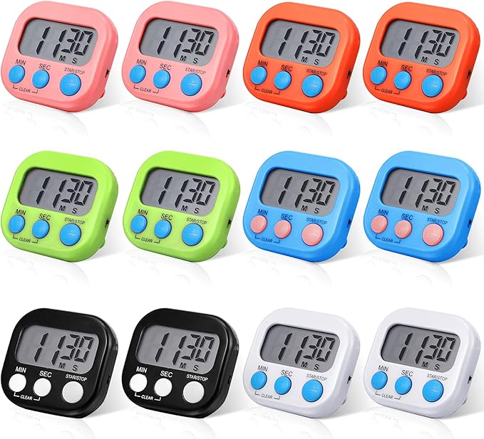 Weewooday 12 Pcs Magnetic Digital Timers for Classroom Multi Function Electronic Kitchen Timer Large Digits Countdown Stopwatch Loud Alarm for School Learning Cooking Study Work Game (6 Colors)