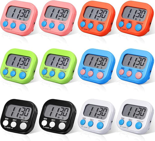 Weewooday 12 Pcs Magnetic Digital Timers for Classroom Multi Function Electronic Kitchen Timer Large Digits Countdown Stopwatch Loud Alarm for School Learning Cooking Study Work Game (6 Colors)
