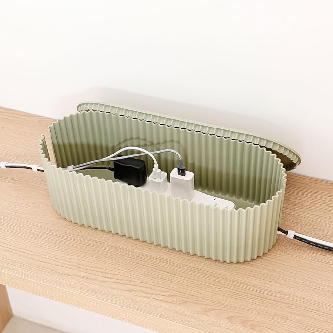 Green Cable Management Box, Power Strips Hider Cover Under TV and Desk for Home, Office, School Use, Plastic Surge Protector Cover on Floor, Electronics Cord Bin with Lid (Large)