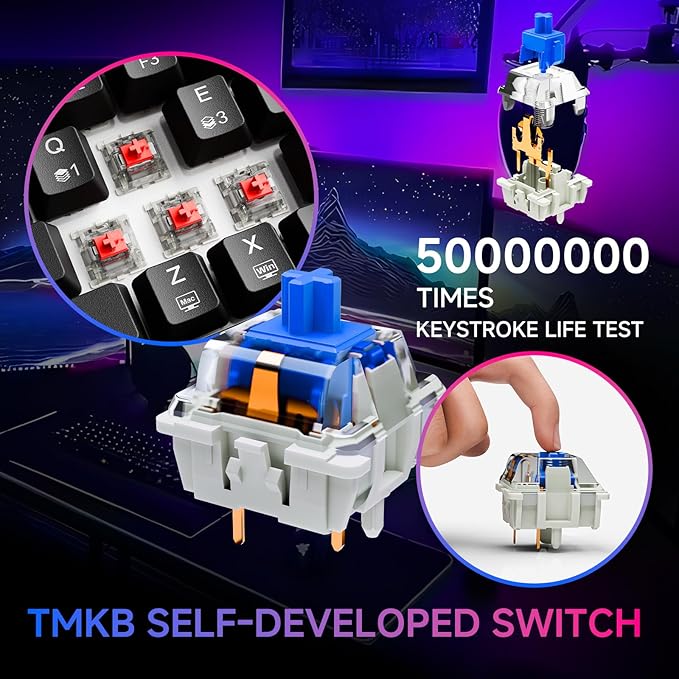 TMKB T63 Gaming Keyboard, 60% Wireless Mechanical Keyboard with Bluetooth/2.4G/Type-C, Compact 63 Keys Anti-Ghosting, RGB Backlight, Clicky Blue Switch - Black