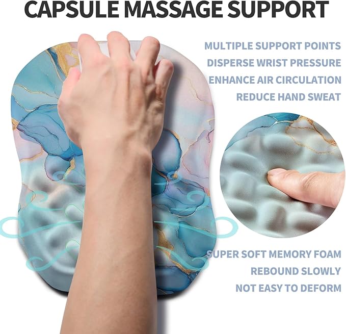 Ergonomic Raised Mouse Pad Wrist Support with Bilateral Slope Memory Foam Mousepad for Wrist Rest and Carpal Tunnel Pain Relief 11.8x7.9〃Blue Marble