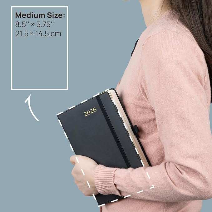 POPRUN Daily Planner 2026 (A5 Size-5.75" x 8.5") One Page Per Day Planner with Vegan Leather Hardcover - Agenda 2026 (Jan. - Dec.) Page A Day Calendar Book with Monthly Tabs, Inner Pocket - Cornflower