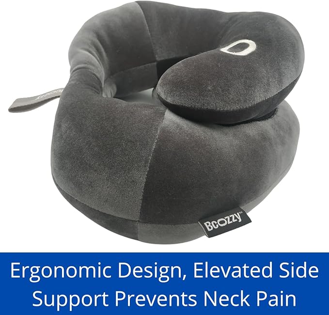 BCOZZY Flat Back Travel Neck Pillow – Patented Neck Pain Relief & Support for Head, Neck, and Chin. Ideal for Airplanes, Long Flights, Car Rides. Adjustable, Washable, with Carry Bag. Large, Navy