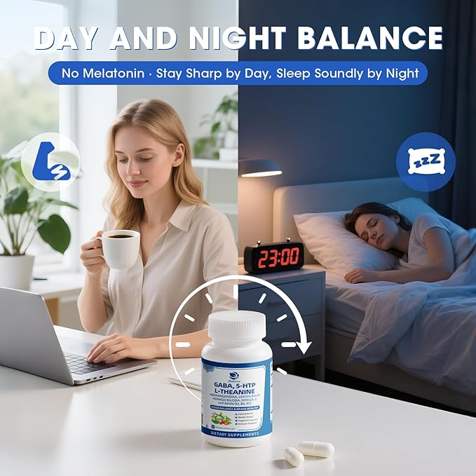 GABA Supplements 750mg with L Theanine, 5HTP, Ashwagandha, Lemon Balm, Ginkgo Biloba, Omega-3, 10 in 1 GABA Calm Capsules for Sleep, Relaxation, Focus, Mood Support, Cortisol Balance - 90CT