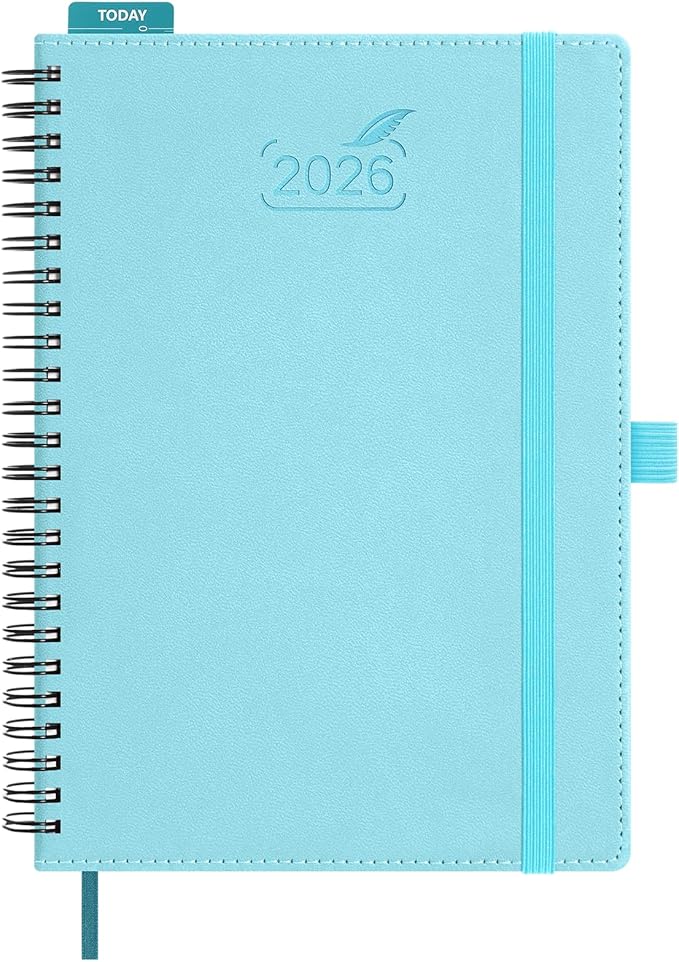 BEZEND 2026 Planner Weekly and Monthly (6" x 8.5" Spiral) Daily Calendar with Half-Hourly Timeslots & Tabs (Jan-Dec) Note & Expenses, Pen Holder, Inner Pocket, Vegan Leather Softcover - Sky Blue