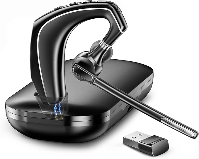 Bluetooth Headset V5.1, Wireless Headset with 500mAh Charging Case, Noise Canceling Mic for Driving and Office. (USB-A Adapter Included)