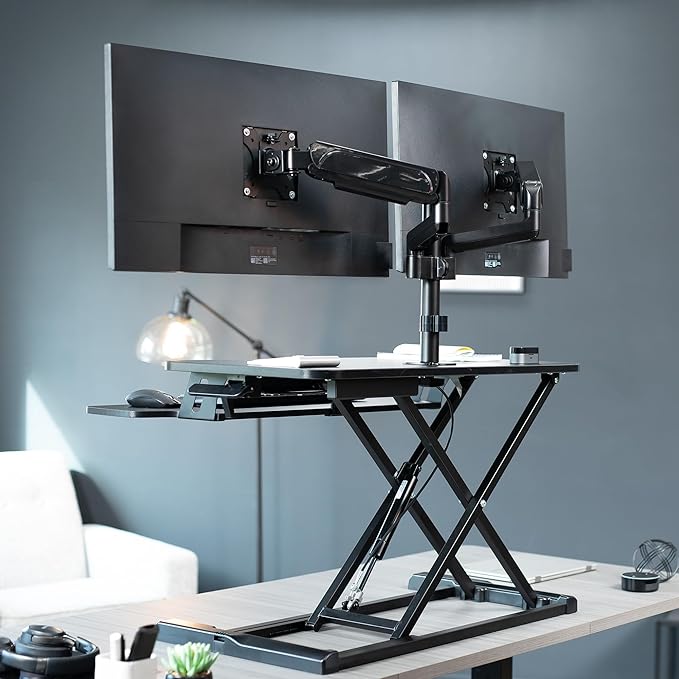 VIVO 32 inch Standing Desk Converter with Dual Monitor Mount for up to 32 inch Screens, Height Adjustable Riser with Pneumatic Spring Arms, Black, DESK-KIT-0K2K