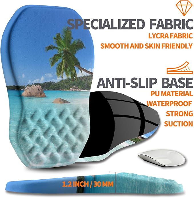 Ergonomic Slope Mouse Pad Wrist Support, Wrist Rest Mousepad for Carpal Tunnel Pain Relief with Massage Bulge and Slow Rebound Memory Foam (12x8 inch, Beach Coconut Trees)