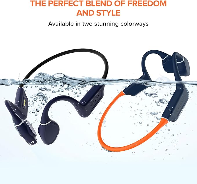 Creative Outlier Free Pro+ Wireless Waterproof Bone Conduction Headphones with Adjustable Transducers, Built-in 8 GB MP3, Multipoint connectivity, Up to 10 Hours of Battery Life, Mic (Blue & Orange)