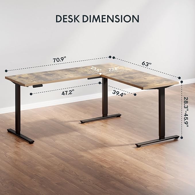 SANODESK L Shaped Standing Desk Adjustable Height, Electric Corner Standing Desk, 71 x 63 inch Sit Stand Computer Table with Splice Board, Rustic Brown