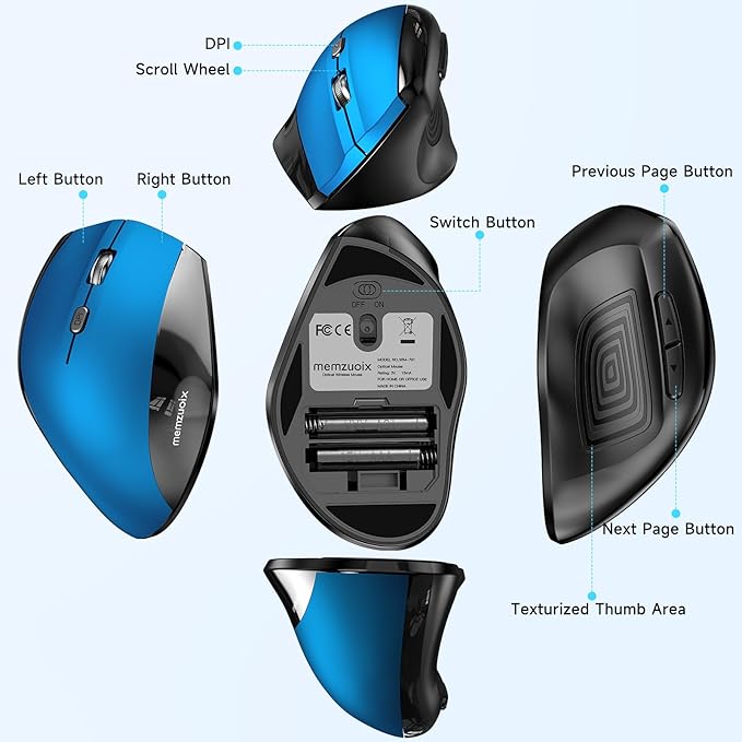 memzuoix Ergonomic Vertical Wireless Mouse - 2.4G Optical Cordless Mice with 3 DPI Levels (800/1200/1600) - Right-Handed Large Size Mouse for Laptop, Mac, PC, Desktop-Blue