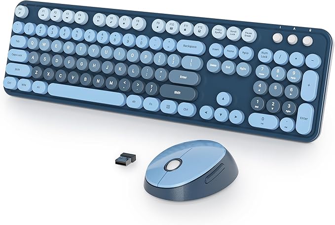 Fogruaden Blue Keyboard and Mouse Wireless, Retro Typewriter Keyboard, 2.4GHz 104 Keys Full Size Cute Keyboard with Number Pad, Gradient Colorful Round Keycaps for Windows PC Desktops Laptop