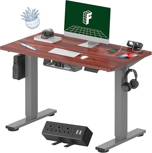 FLEXISPOT EN2 Whole-Piece Standing Desk with Clamp Power Strip, 40 x 24'' Electric Stand Up Height Adjustable Desk with Cable Management (Gray Frame + 40" Mahogany Top, 2 Packages)