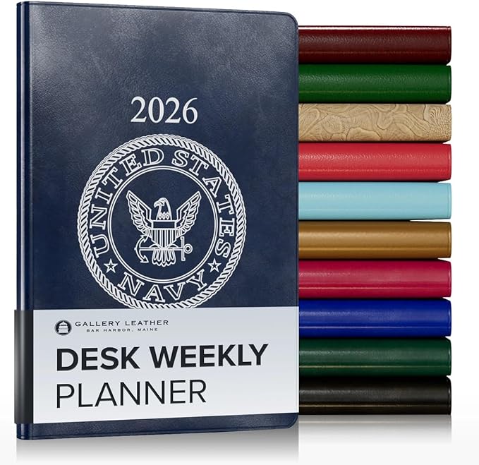 Gallery Leather Desk Weekly Monthly Planner 2025-2026, Elegantly Bound Calendar Planner and Notebook with Stylish Gold-Gilded Page Edges, 12 Months - Acadia Navy - US Navy - 8 x 5.5 "