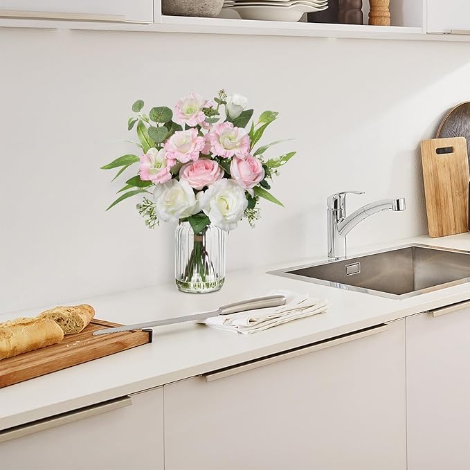 Hollyone Fake Flowers in Vase with Faux Water Artificial Silk Rose Flowers Arrangement with Eucalyptus Plants with Vase Faux Silk Rose Flowers Bouquets Table Centerpieces Office Bathroom Home Decor