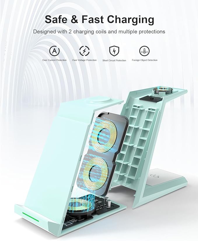 Wireless Charging Station for iPhone - ADADPU 3 in 1 Charger Stand for iPhone 17 16 15 14 13 12 11 Pro Max XR 8 Plus, Wireless Charging Dock for Apple Watch 9/8/7/SE/6/5/4/3/2, AirPods Pro/3/2 (Green)