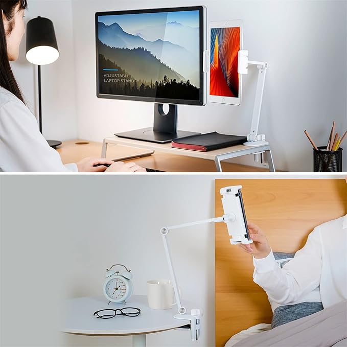 Viozon Tablet Stand Holder Mount, Rotate 360 Degrees of Flexible, Height and Angle Adjustable, High-Grade Aluminium Alloy Long Arm Compatible with 4.5-13 Mobile Phone and Tablet, iPhone, iPad(White)