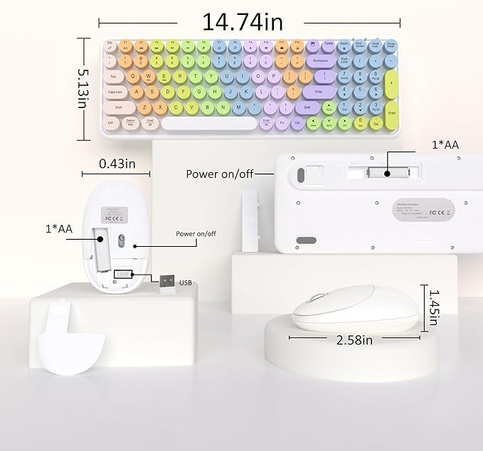 Colorful Wireless Keyboard Mouse Combo, Gradient Rainbow Colors 100 Keys and 2.4GHz Optical Mouse Connection for Windows, Mac, Laptop, PC, Desktop (White Colorful)