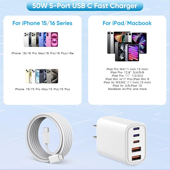 for iPhone 17 16 Charger, 2Pack 50W Fast USB C Charger Block Cubes Multiport USB C Plug,10FT USBC to USBC Cable for iPhone 17/17 Pro/17 Pro Max/17 Air/16Pro Max/16/15 Plus/15 Series, iPad Pro/Air/Mini