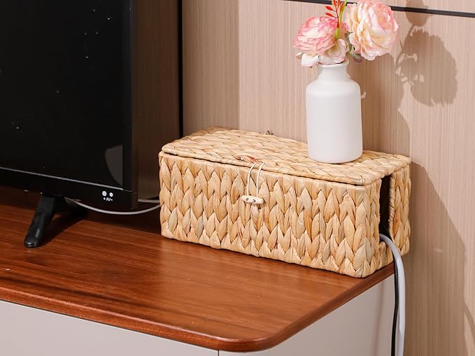 Cable Management Box,Hand-Woven Water Hyacinth Decorative Cord Organizer,2 Side Open Slots Wicker Cable Box to Hide Cords and Power Strip,for Desk, Floor, Office,2 Pack