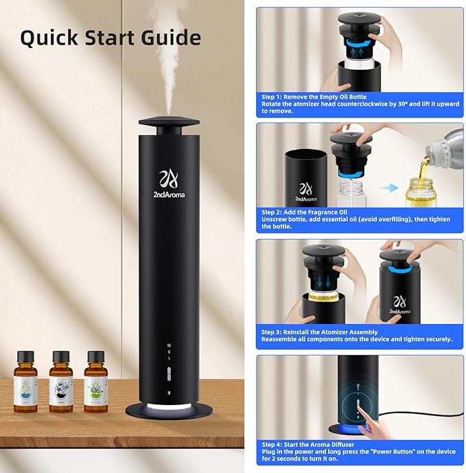 Waterless Scent Diffuser Starter Kit, Diffusers for Home Office Hotel 1000 Sq Ft Coverage, Cordless Essential Oil Diffuser Large Room with 3 Mood Lights, 3 Scent Oils, App Control, Black