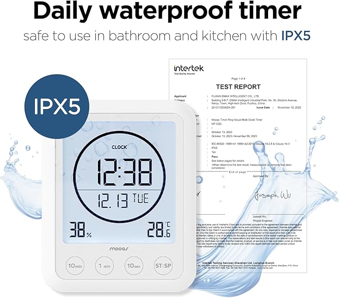 mooas Visual Shower Clock Digital Bathroom Shower Clock Waterproof Shower Timer, Temperature & Humidity, Large Backlit Display, Countdown Countup Productivity Timer for Kitchen & Bathroom