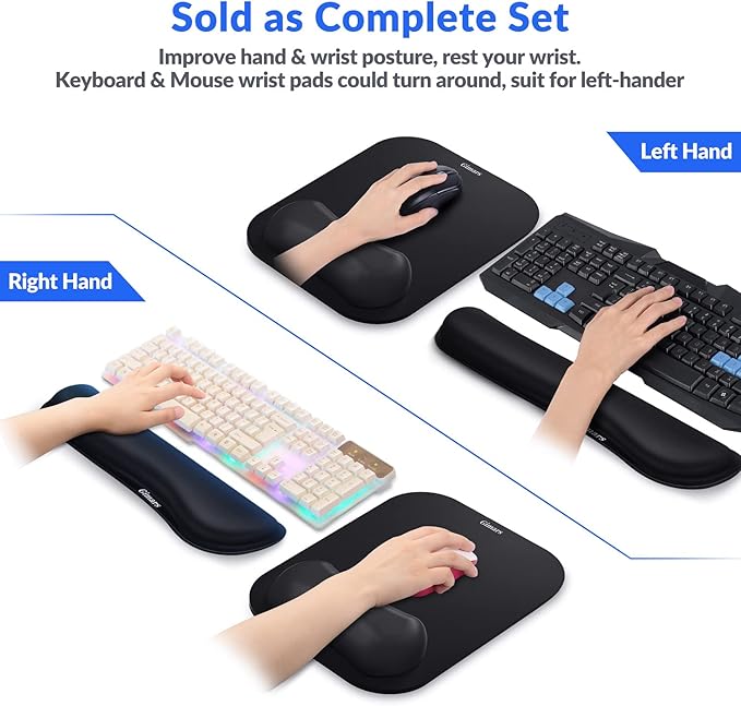 Gimars Elongate Smooth Lycra Fabric Ergonomic Mouse Pad Wrist Support, Gel Memory Foam Cushion Set Keyboard Wrist Rest Support, Pain Relieve for Computer, Laptop, Office, School, Home, Gaming, Black