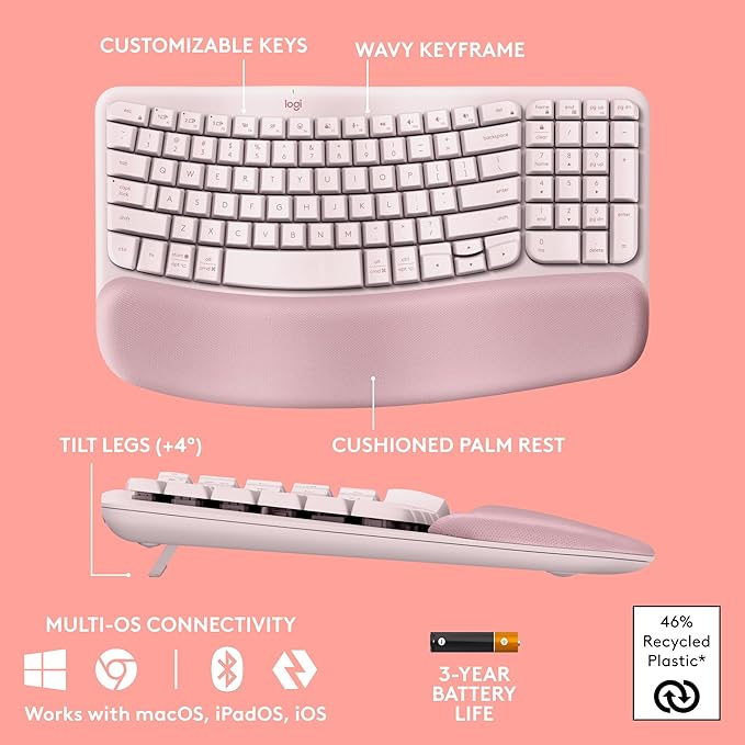 Logitech Wave Keys Wireless Ergonomic Keyboard with Cushioned Palm Rest, Comfortable Natural Typing, Easy-Switch, Bluetooth, Logi Bolt Receiver, for Multi-OS, Windows/Mac - Rose