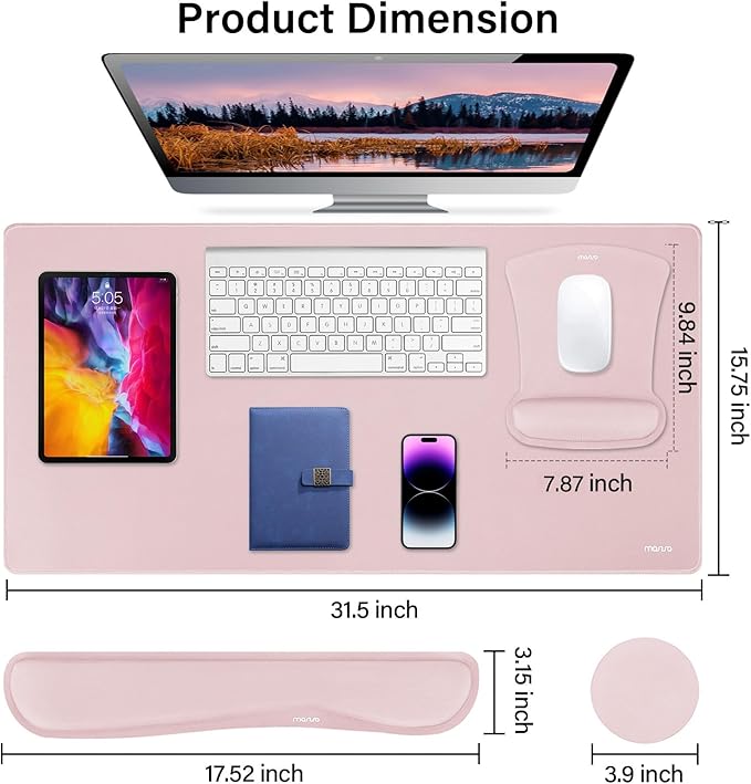 MOSISO Keyboard Mouse Pad Set, Large Gaming Mousepad&Keyboard Wrist Rest&Mouse Wrist Rest&Coaster, Ergonomic Non-Slip Mousepad&Easy Typing Cushion with Memory Foam for Home Office, Pink