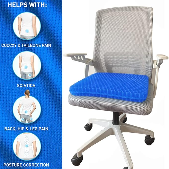 Gel Seat Cushion, Office Seat Cushion Chair Pads for Office Home Car Wheelchair Long Trips - Extra Thick Gel Cushion for Pressure Sores, Tailbone, Back, Sciatica Pain Relief (Extra Thick, Blue)