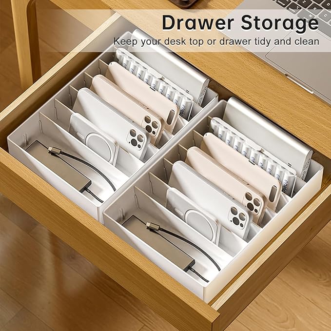 3 Pcs Cable Organizer Box with Wire Ties, Plastic Cord Charger Storage with 8 Compartments, Electronics Organizer for Home Office, Desk Drawer Stationery Stackable, White