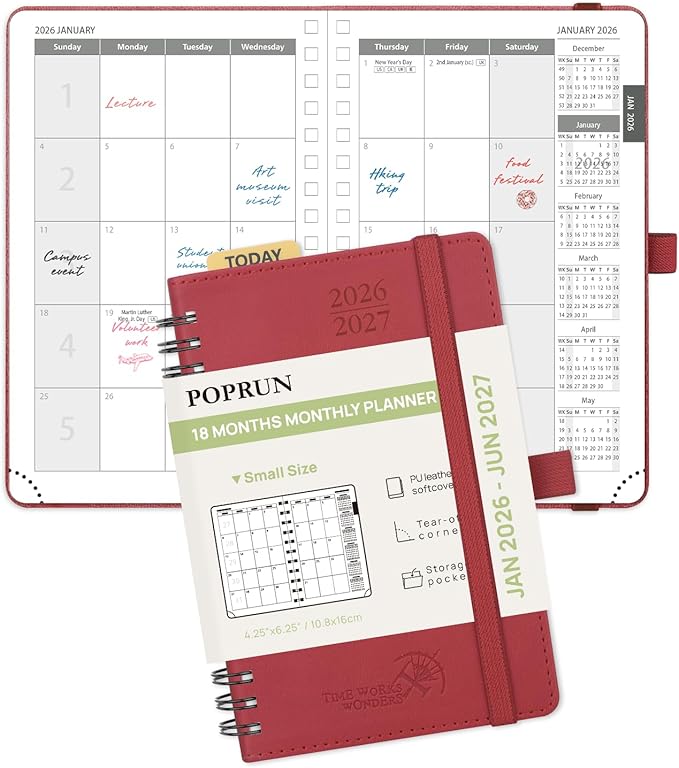 POPRUN Monthly Planner 2026-2027 (Pocket 4.25" x 6.25") 18 Months Calendar (Jan 2026 - Jun 2027) - 4 Pages per Month with Expense & Notes, Leather Cover, Sunday Starts - Burgundy