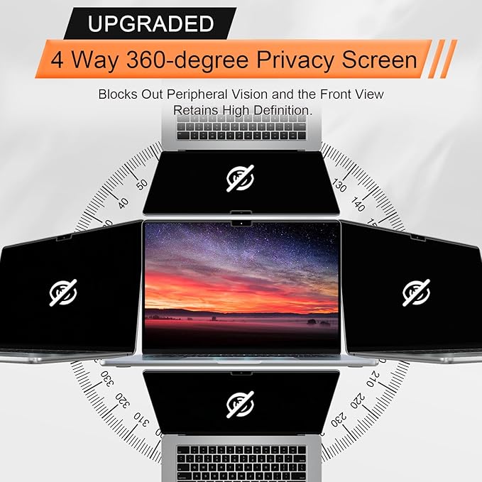 Magnetic 360° Privacy Screen for Macbook Air 15 Inch (2023-2025, M2, M3, M4)), Removable Anti Glare Blue Light Filter, 4 Way Anti Spy Black Protector for Mac Air 15In Laptop Computer