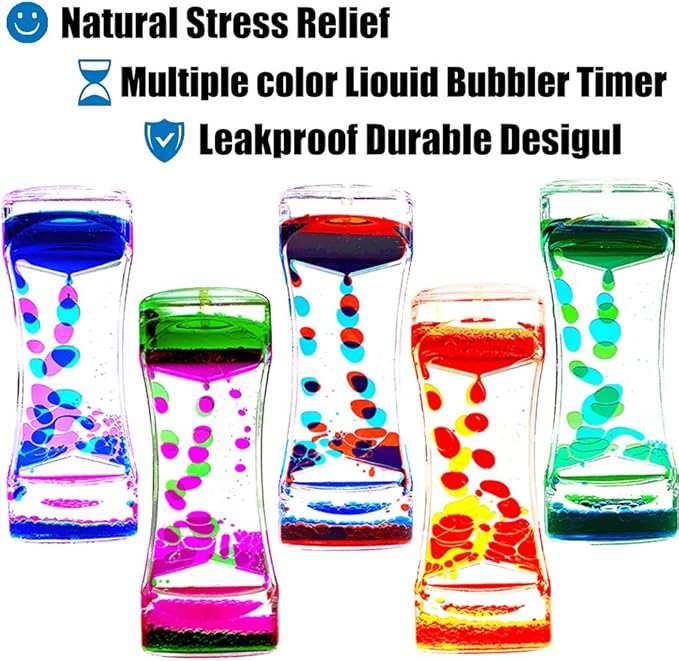 FKYTION Liquid Motion Bubbler Timer Pack of 5 Colorful Hourglass Liquid Bubbler ADHD Fidget Toy Sensory Toy Anxiety Toys Autism Toys Children Activity Calm Relaxing for Kids Teenager Adults