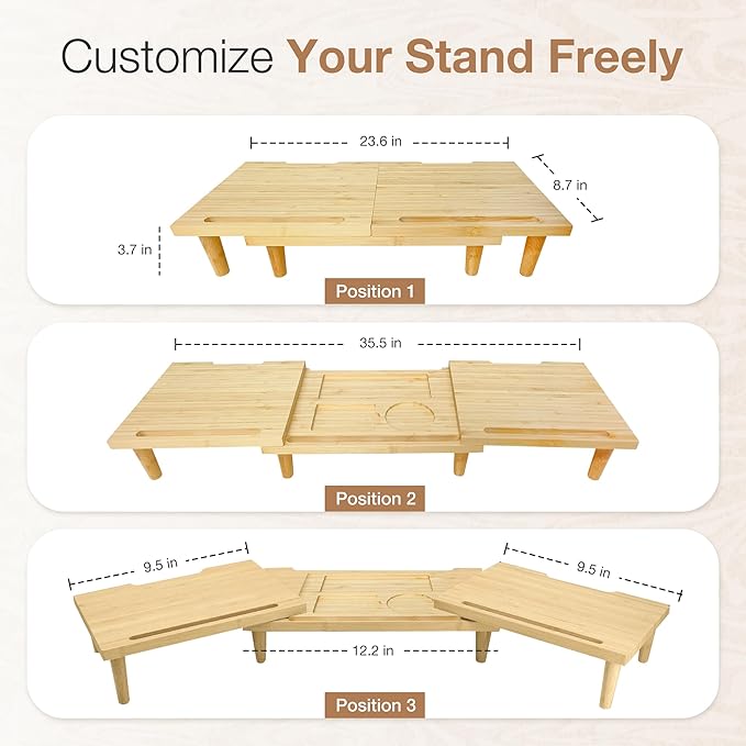 Dual Monitor Stand Riser - Solid Wood 3 Panels Laptop Riser with Storage for Phone/Mug - Home/Office Desk Organizer with Adjustable Length & Angle - Modern Computer Stand for PC, Laptop, & more (Natural)