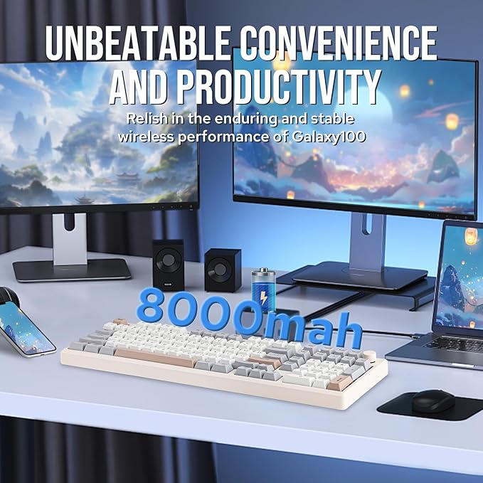 EPOMAKER Galaxy100 QMK/VIA Wireless Gaming Keyboard, Aluminum Shell, Bluetooth/2.4Ghz/USB-C, Pre-Lubed Hot-Swappable Linear Switches, NKRO, RGB Backlit (Creamy White, Marble White Switch)