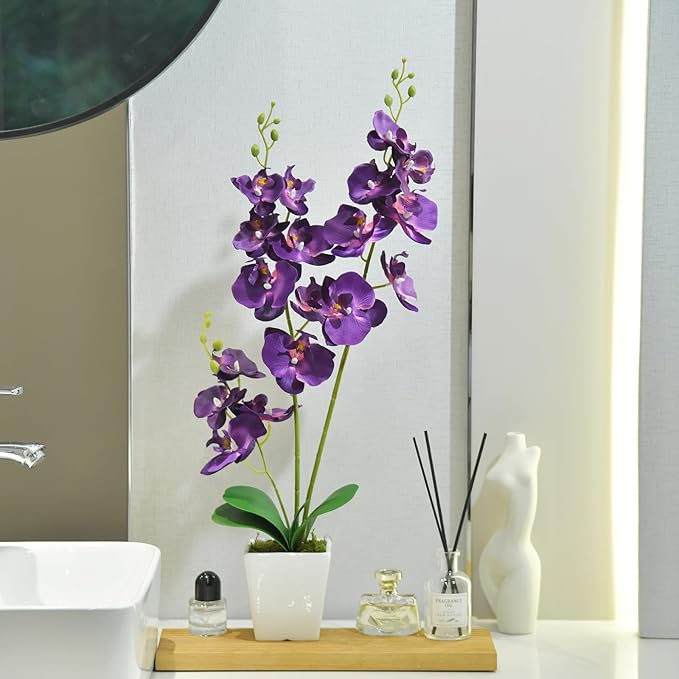 Faux Orchid in Vase Artificial Orchid in Ceramic Vase Tall Silk Orchids with Stems Real Look Phalaenopsis Flowers Arrangement Centerpiece Table Decorations for Home Decor Indoor, Dark Purple