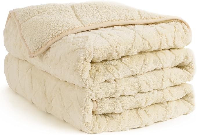 Topblan Weighted Blanket Twin Size 12 lbs, Soft Weighted Blanket with Doubled-Sized Shaggy Sherpa, Jacquard Knitted Stylish Warm Weighted Blankets Throw for Better Sleep, Beige, 48 x 72 inches