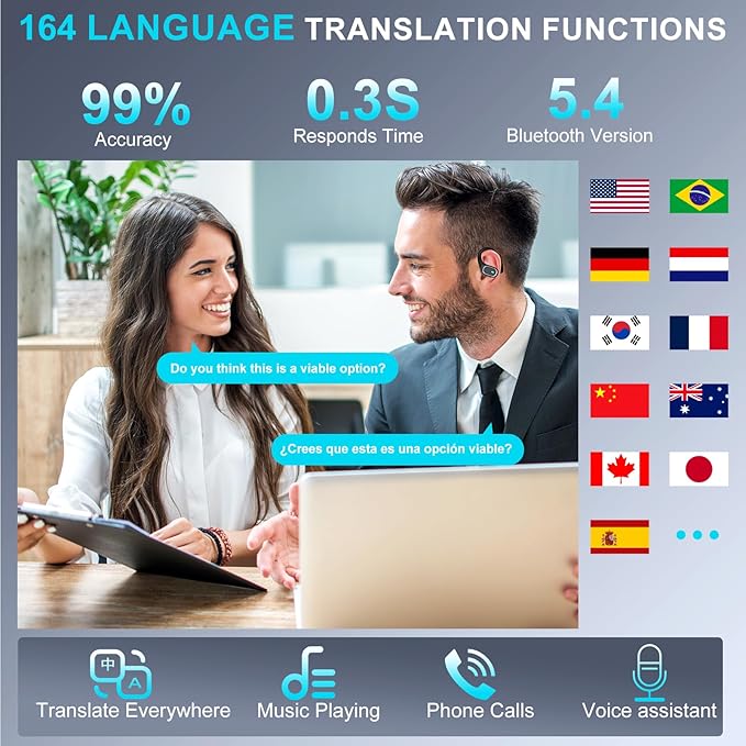 AI Translation Earbuds Real Time 164 Languages Translator Earbuds Noise Cancelling, Open Ear Wireless Earphones, Bluetooth 5.4 Headphones, Translating Device for Travel Business Study, Grey