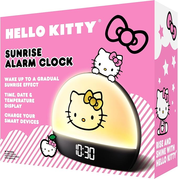 Hello Kitty Sunrise Alarm Clock - Multicolor Lights, USB Charging, LED Display, and Snooze Function