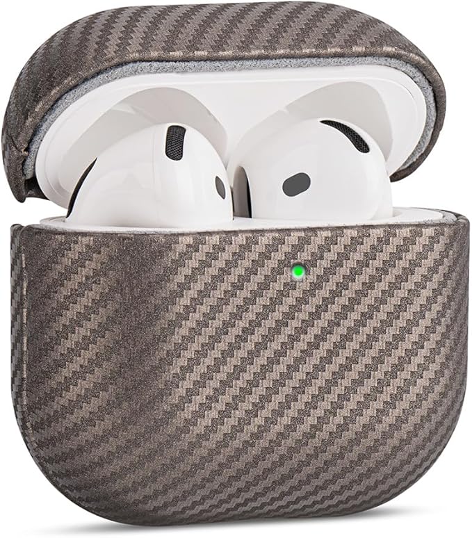 Leather Case for AirPods 4 / AirPods 4 with Active Noise Cancellation Case Cover - Selected Skin-Friendly Leather, Carbon Fibre Texture, Handmade Drop Protective Hard Cover - Desert Titanium